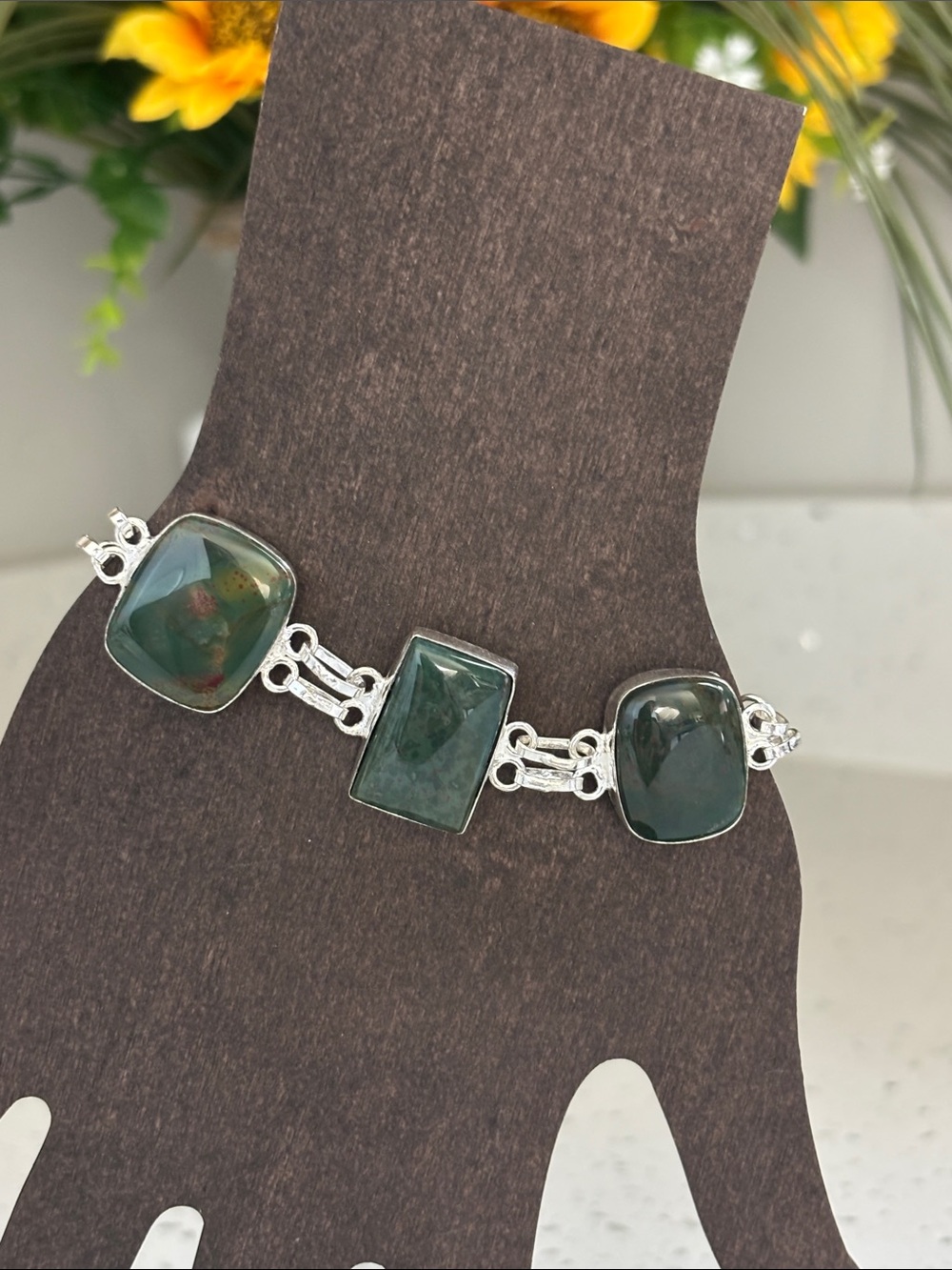 Sterling Silver Green Bloodstone Gemstone Link Bracelet
